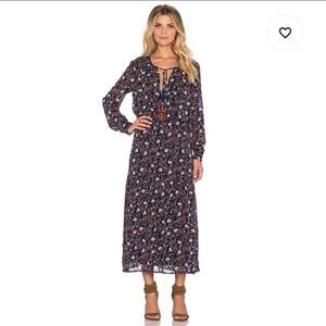 WAYF Cottagecore Maxi Dress Long Sleeve Tiered Skirt Floral Navy Blue Size Small